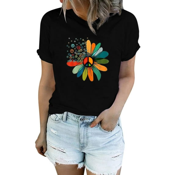 Fshinging T Shirts For Women Independence Day Summer Casual Slim Sunflower Graphics Plus Size Loose Tunic Blouses