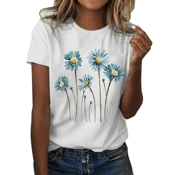 Fshinging T-Shirts For Women Summer Basic White Short Sleeve Crew Neck Casual Slim Graphic Tunic Blouse