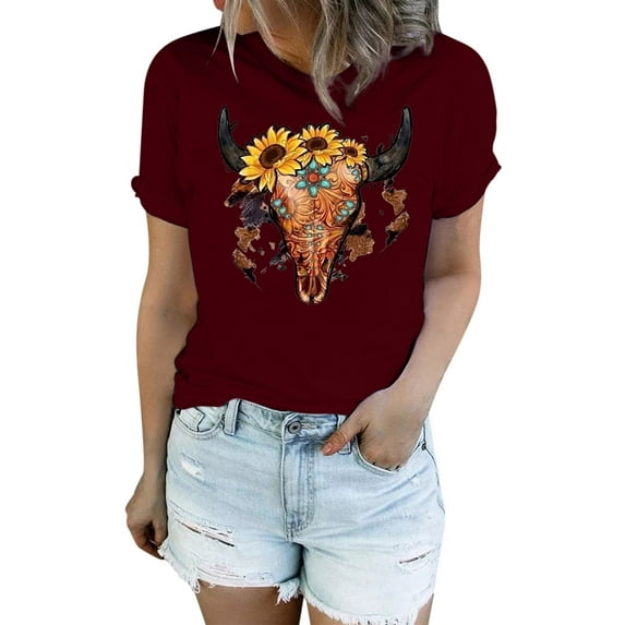 Fshinging T Shirts For Women Vintage Cartoon Cow Print Loose Casual Summer Short Sleeve O-Neck Slim Tunic Blouses