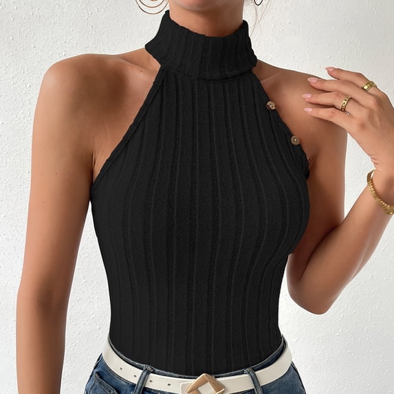 Fshinging Tank Tops for Women Casual High Neck Solid Ribbed Stripe Sleeveless Vest Cami Blouses Black L