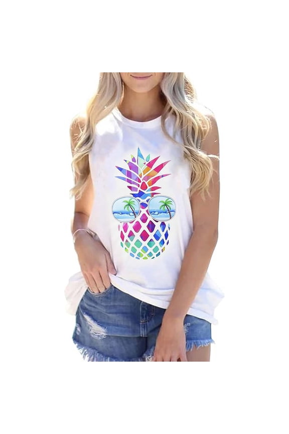 Tank Tops for Women Casual Pineapple Print Sleeveless Round Neck Layering Top White M