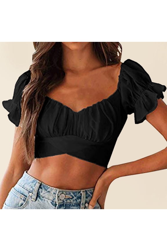 Tank Tops for Women Off Shoulder Puff Short Sleeve Summer Square Neck Cropped Going Out Black S