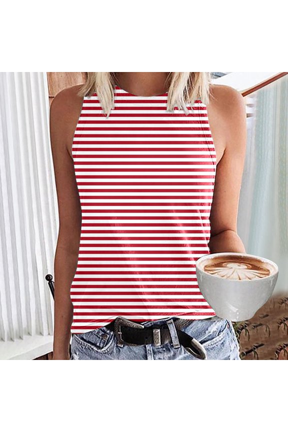 Tank Tops for Women Summer Casual Stripe Print Sleeveless Cami Undershirts Red XXXXL