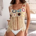 thumbnail image 1 of Fshinging Tank Tops for Women Summer Tassels Cover Ups Knit Floral Embroidery Boho Camisole Hollow Out Beachwear Going Beige One Size, 1 of 7