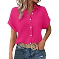 thumbnail image 1 of Fshinging Tees Tops For Women Solid Color Vintage Boho Casual Button Up Lapel Short Sleeve Slim Women Clothing, 1 of 9
