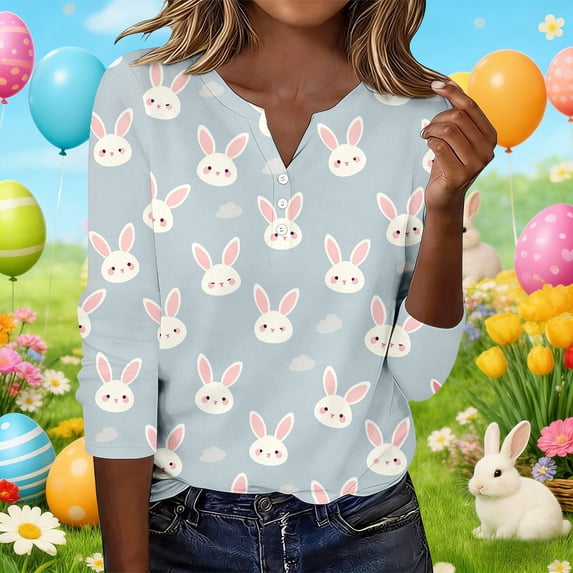 Fshinging Tees Tops for Women Cute Rabbit Eggs Graphic 3/4 Sleeve Button V Neck Basic Slim Undershirts White XXL