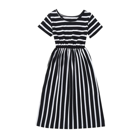 Fshinging Toddler Girl Dresses Elegant Stripe Print Casual With Pocket Summer Short Sleeve Maxi Child Kids Dress