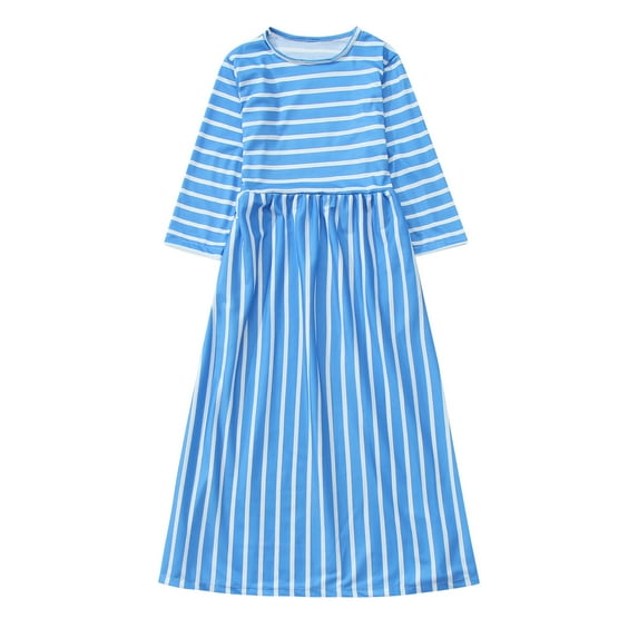 Fshinging Toddler Girl Dresses Long Sleeve Striped Prints A-Line Maxi Vintage Casual Preschool Child Kids Dress