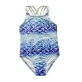 thumbnail image 1 of Fshinging Toddler Girl Swimsuit New Blue Memaid Piece With Gold Foil Scale Kids Plus Size Swim Clothes Size 5-6 Years, 1 of 6