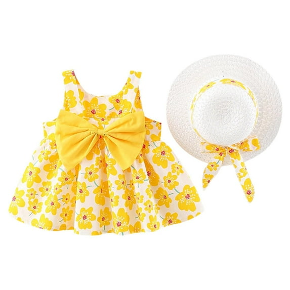 Fshinging Toddler Girls Dresses Summer Big Bowknot Sleeveless Floral Print Princess With Straw Hat Beach Vacation Sundress Size 6-12 Months