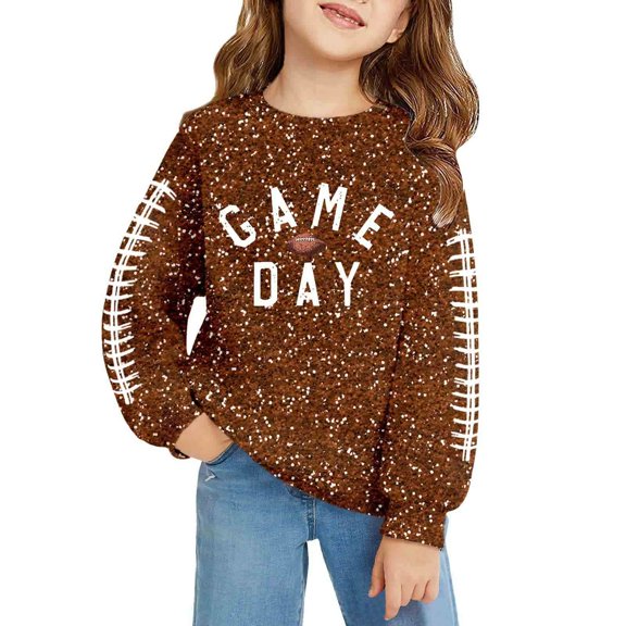 Fshinging Toddler Girls Football Sweatshirts Tops Game Day Letter Sequin Graphic Long Sleeve Crew Neck Kids Hoodie Tops Size 13-14 Years