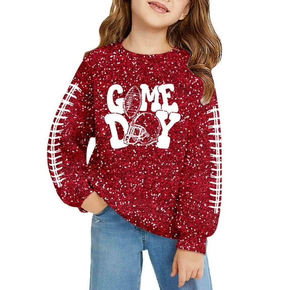 Fshinging Toddler Girls Football Sweatshirts Tops Game Day Letter Sequin Graphic Long Sleeve Crew Neck Kids Hoodie Tops Size 3-4 Years