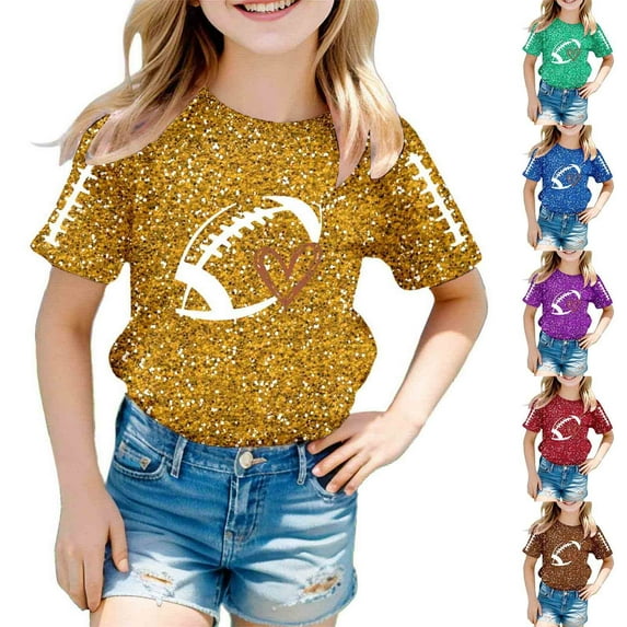 Fshinging Toddler Girls T Shirts Sequin Football Graphic Summer Tees Tops Glitter Print Short Sleeve Crew Neck Kids Clothes Size 8-9 Years