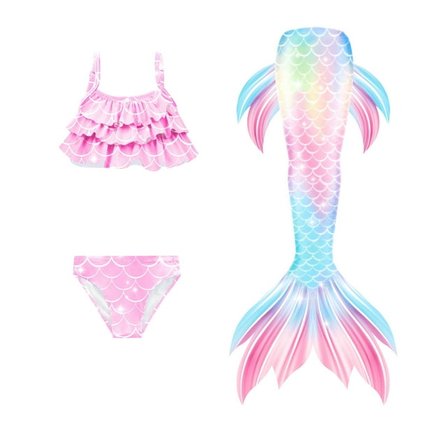 Fshinging Toddler Swimsuit Girl Bowknot Crop Top + Bikini Bottoms + Fish Tails 3 Piece Set Gradient Tie-Dye Princess Scale Kids Bathing Suit