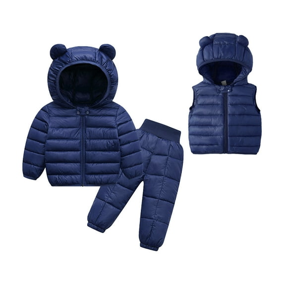 Fshinging Toddler Winter Long Sleeve Bear Ear Warm 3 Piece Set Solid Color Hooded Down Jackets+Pants Vest Coats+Pants Outfits