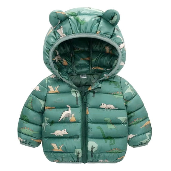 Fshinging Toddler Winter Warm Long Sleeve Zipper Hooded Cotton-Padded Jackets Cute Cartoon Bear Ears Dinosaur Print Clothing