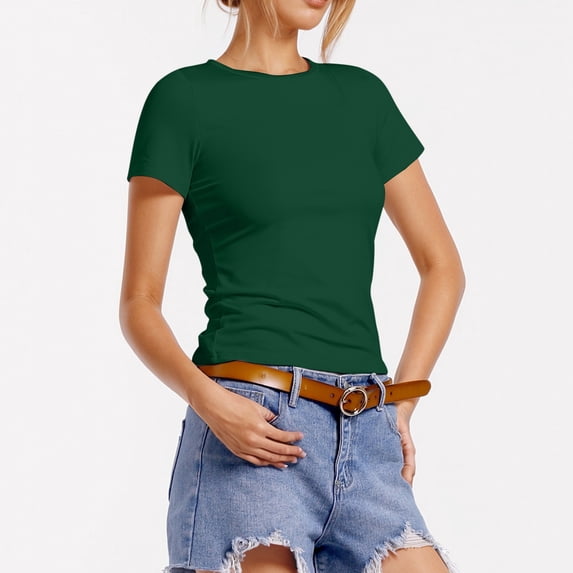 Fshinging Tops For Women T-Shirts Solid Short Sleeve Crew Neck Basic Casual Fashion Clothing Dark Green XXL