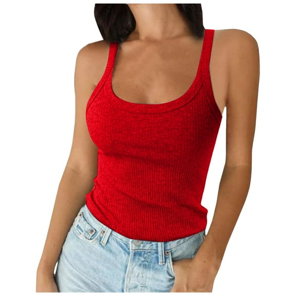 Fshinging Tops for Women Summer T Shirts Solid Color Basic Spaghetti Strap Scoop Neck Ribbed Tank Slim Camisole Sleeveless Layering Shirts Clothes 2025