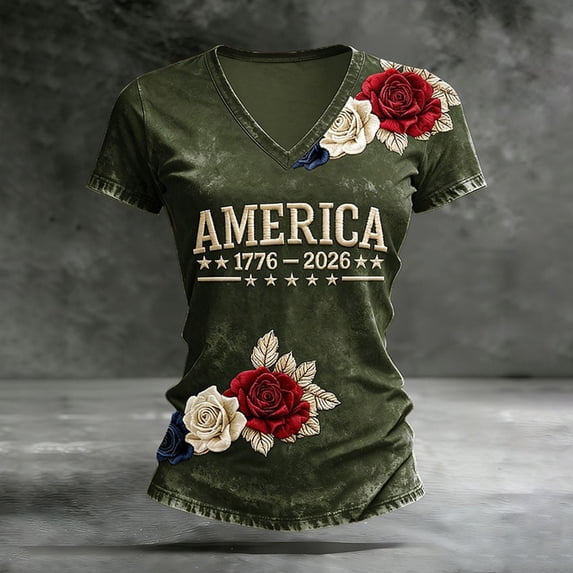Fshinging Tops for Women Letter Floral Short Sleeve 4th of July Patriotic Casual V Neck Slim Fit Layer Clothes Green XL