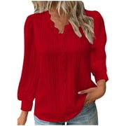 FSHINGING Tops for Women Summer T Shirts Plus Size Solid Color Lantern Long Sleeve Ruffle Hem V Neck Plus Size Clothes 2025