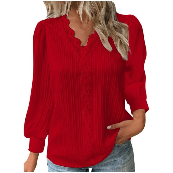 Fshinging Tops for Women Summer T Shirts Plus Size Solid Color Lantern Long Sleeve Ruffle Hem V Neck Plus Size Clothes 2025