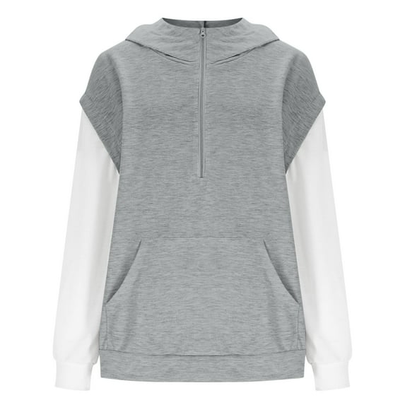 Fshinging Unisex Half Zip Color Block Hoodie 2 Piece Long Sleeve Pullover Sweatshirt with Pocket Grey S