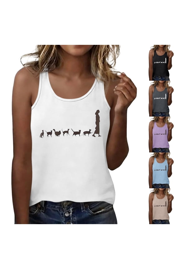 Women Cat Evolution Print Racerback Tank Tops Casual Sleeveless Tees for Cat Lovers White M