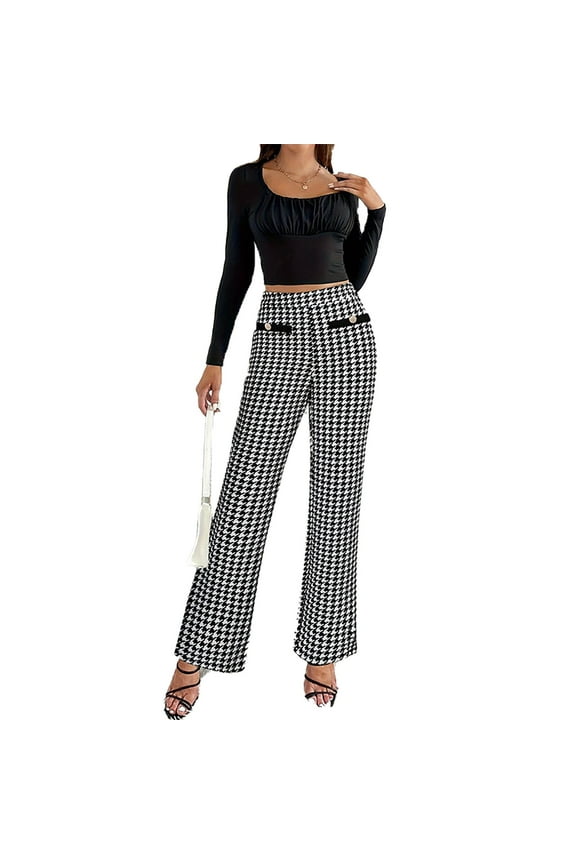 Women Dress Pants Elegant Houndstooth Print High Waist Flare Wide Leg Plus Size Trousers