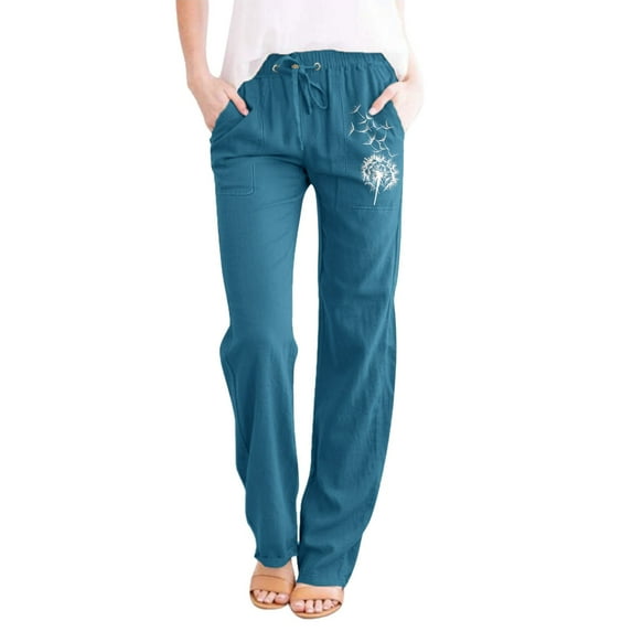 Fshinging Women Dress Pants Printing Casual Loose With Pockets Elastic High Waist Paper Bag Linen Workwear Trousers