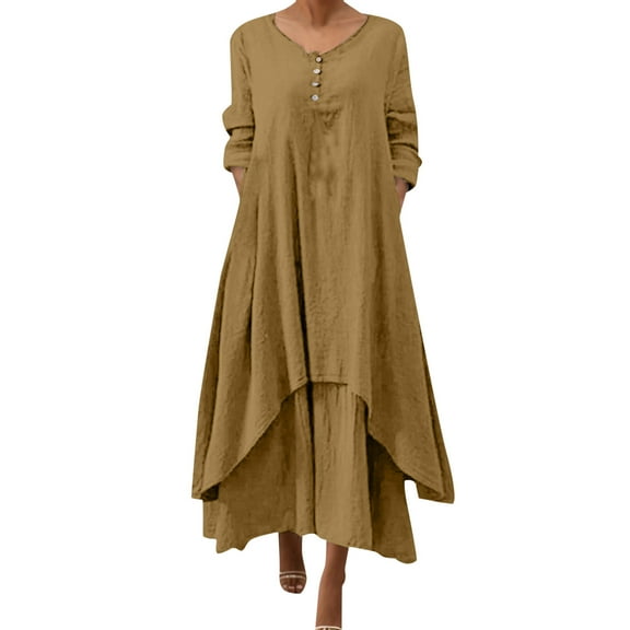 Fshinging Women Dresses Irregular Solid Long Sleeve Long Casual Loose O Neck Gift Dress