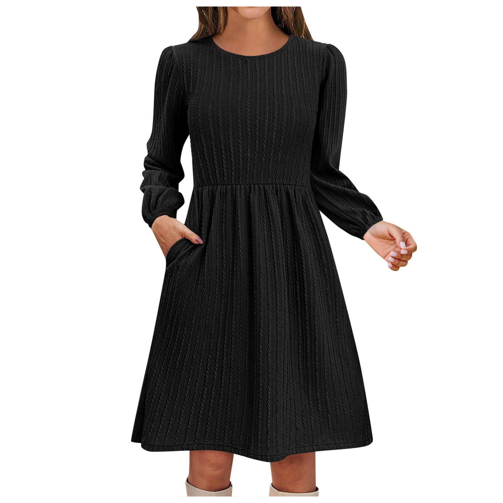 Fshinging Women Dresses Temperament Round Neck Pocket Solid Color Knitted  Jacquard Long Sleeve A Line Casual Graduation Dress - Walmart.com