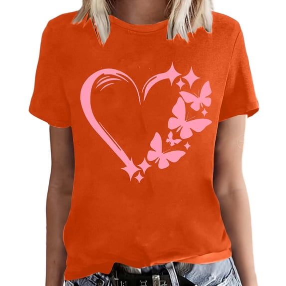 Fshinging Women Heart Butterfly Print Short Sleeve Tops Summer Fashion Casual T-Shirts Orange S