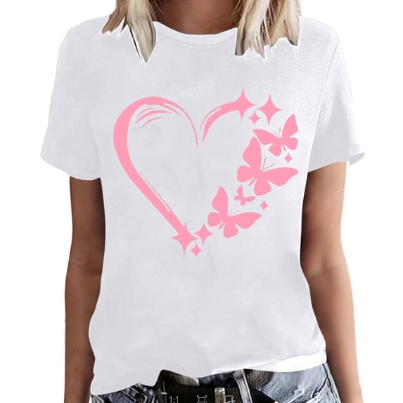 Fshinging Women Heart Butterfly Print Short Sleeve Tops Summer Fashion Casual T-Shirts White XL