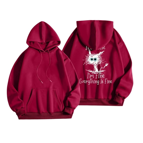 Fshinging Women Hoodie Sweatshirt Cute Cartoon Cat Print Long Sleeve Drawstring With Pocket Ladies Pullover Tops