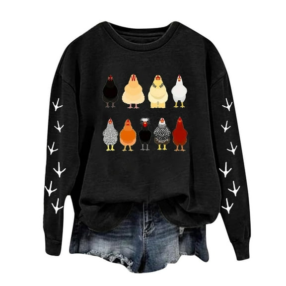 Fshinging Women Hoodie Sweatshirt Thanksgiving Day Chicken Graphic Printed Long Sleeve Crewneck Ladies Pullover Tops