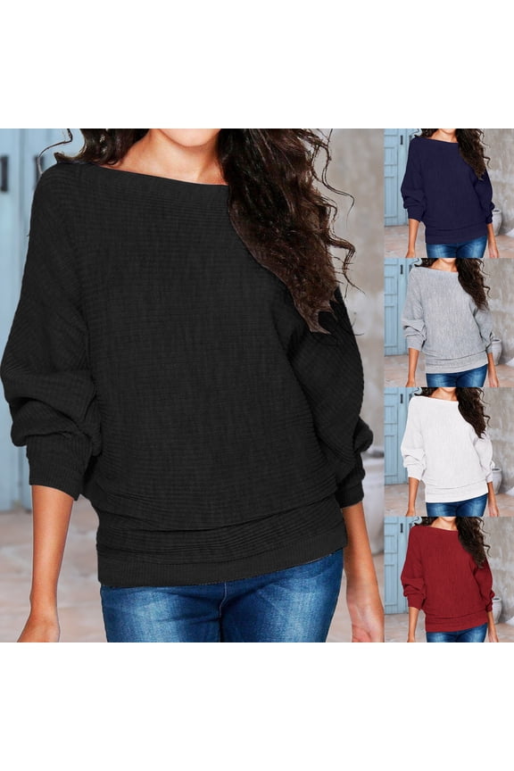 Women Plaid Boat Neck Dolman Long Sleeve Tops Casual Loose Knit Blouses White XL