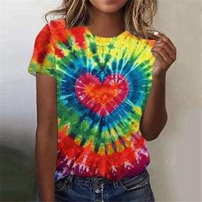 Fshinging Women Rainbow Tie Dye Heart Print Casual T Shirts Crew Neck Tee Tops Multicolour L
