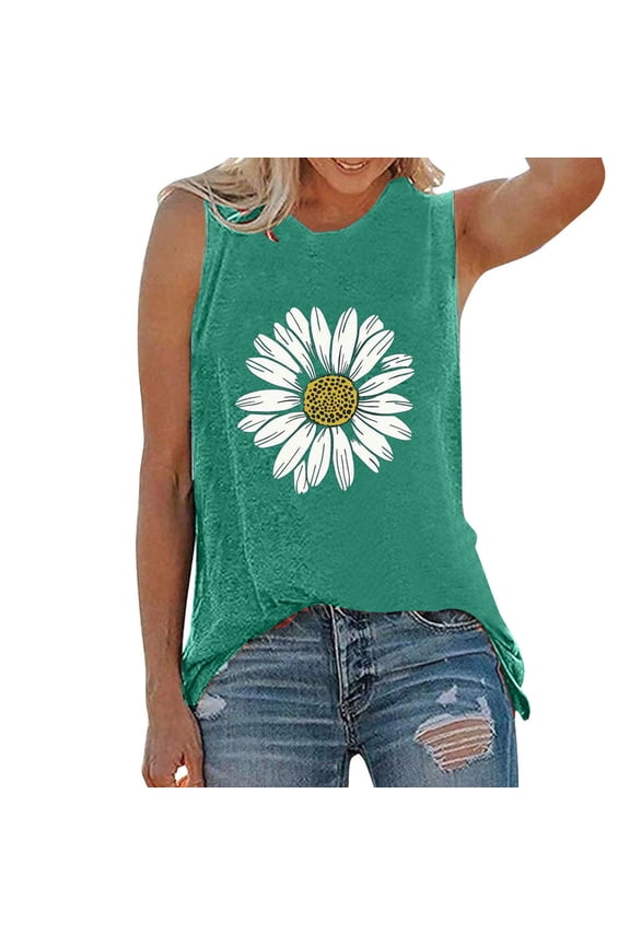 Fshinging Women'S Tank Tops Daisy Flower Print Casual Sleeveless T Shirts Summer Vest Plus Size Clothing