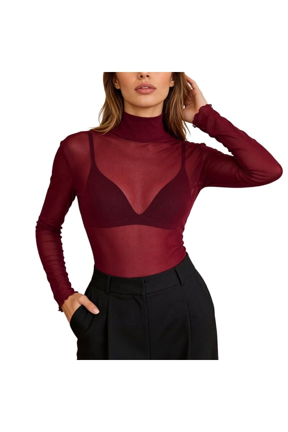 Women Sheer Long Sleeve Turtleneck Shirts Solid Elegant Mesh Tight Tops M