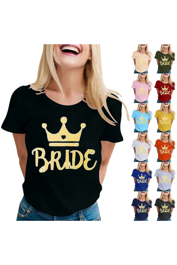 Women Short Sleeve T Shirts Team Bride Diamond Arrow Print Casual Crew Neck Tops for Wedding Party White XXL