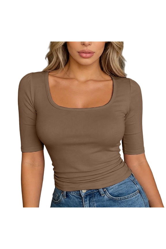 Women Solid Basic Short Sleeve U Neck Tops Summer Stretchy Slim Fit T-Shirts Brown M
