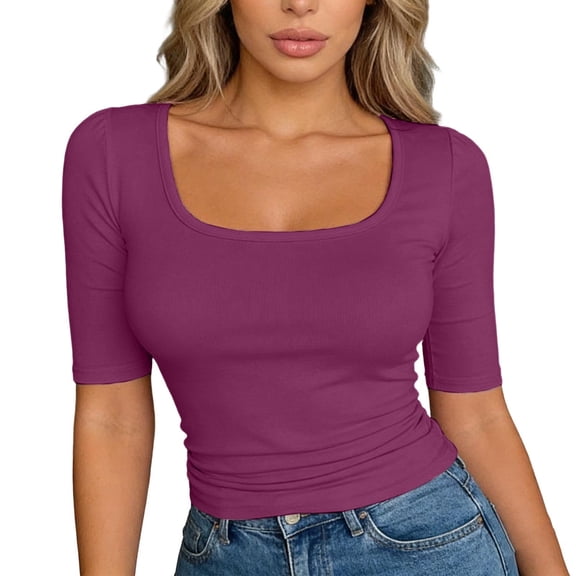 Fshinging Women Solid Basic Short Sleeve U Neck Tops Summer Stretchy Slim Fit T-Shirts Purple S