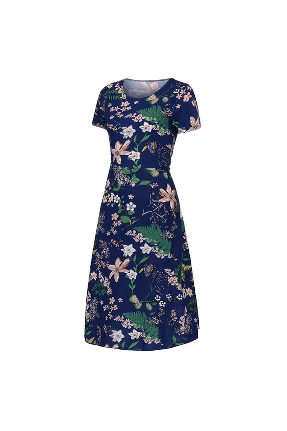 Women Summer Dress Boho Floral Print Short Sleeve Ruched Maxi Casual Sun Dress