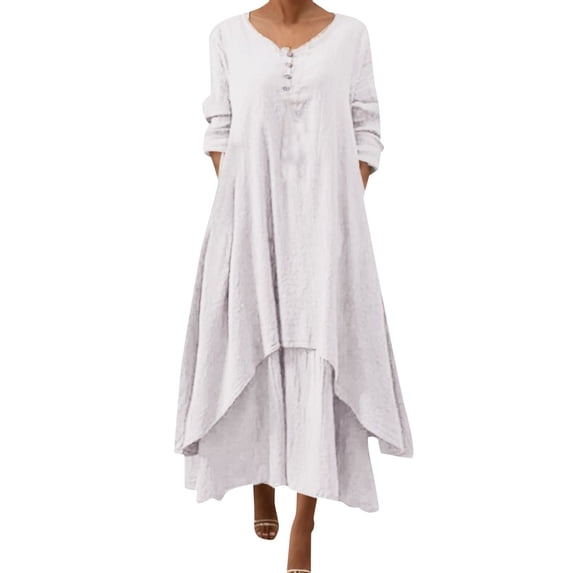 Fshinging Women Summer Dresses Irregular Solid Long Sleeve Long Casual Loose O Neck Gift Dress