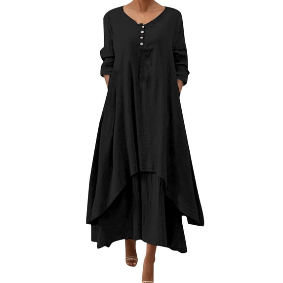 Fshinging Women Summer Dresses Irregular Solid Long Sleeve Long Casual Loose O Neck Vacation Dress