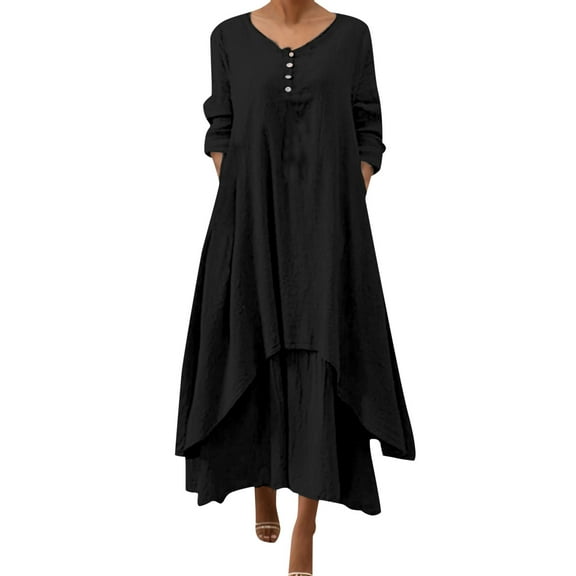 Fshinging Women Summer Dresses Irregular Solid Long Sleeve Long Casual Loose O Neck Vacation Dress