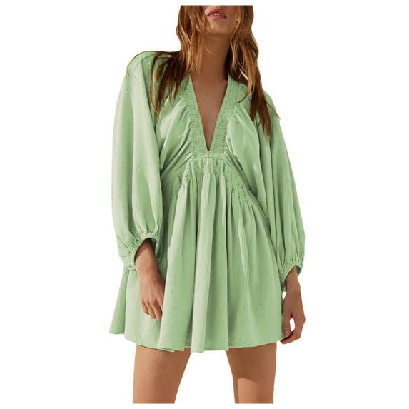 Fshinging Women Summer Dresses Sexy Long Sleeve V Neck Waist Casual Loose Flowing Mini Gift Dress
