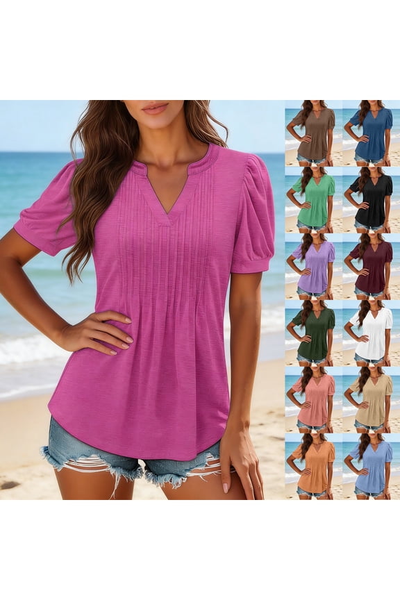 Women V-Neck Ruched Puff Sleeve Casual Tops Solid Ruched Loose fit Blouse White XXL