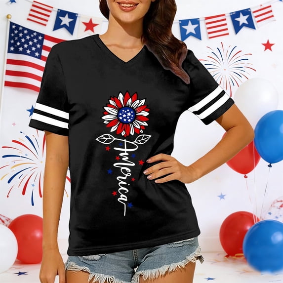 Fshinging Women Vintage Flag Print V Neck Patriotic T Shirts 4th of July Celebration Tops Black XL