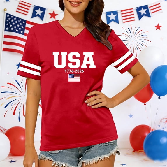 Fshinging Women Vintage Flag Print V Neck Patriotic T Shirts 4th of July Celebration Tops Red XXL